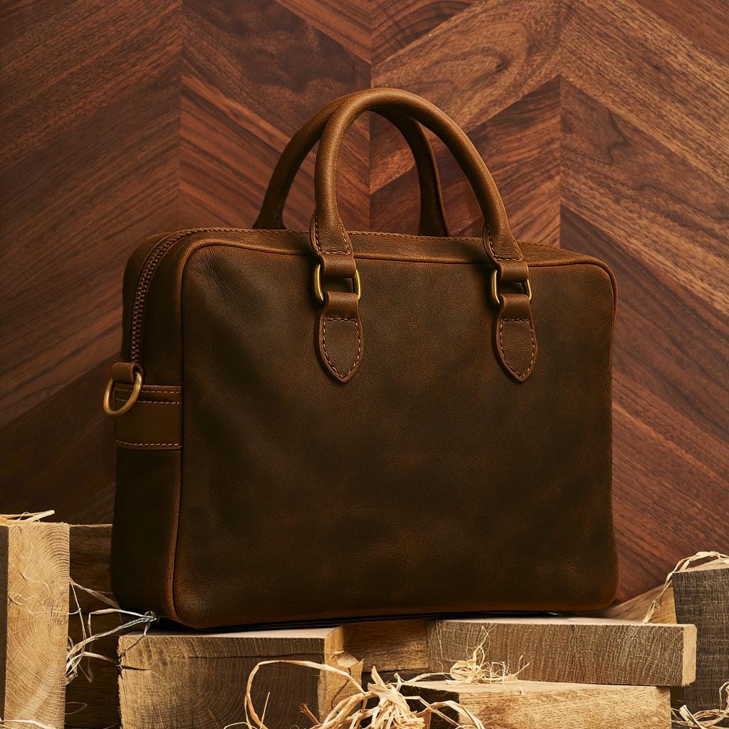 Personalized Leather Messenger Bag: 16-inch Laptop Briefcase, Brass Hardware