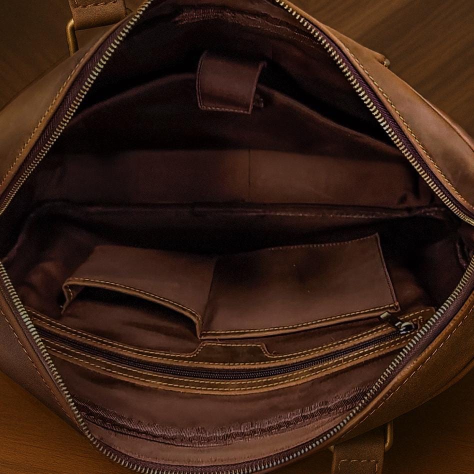 Personalized Leather Messenger Bag: 16-inch Laptop Briefcase, Brass Hardware
