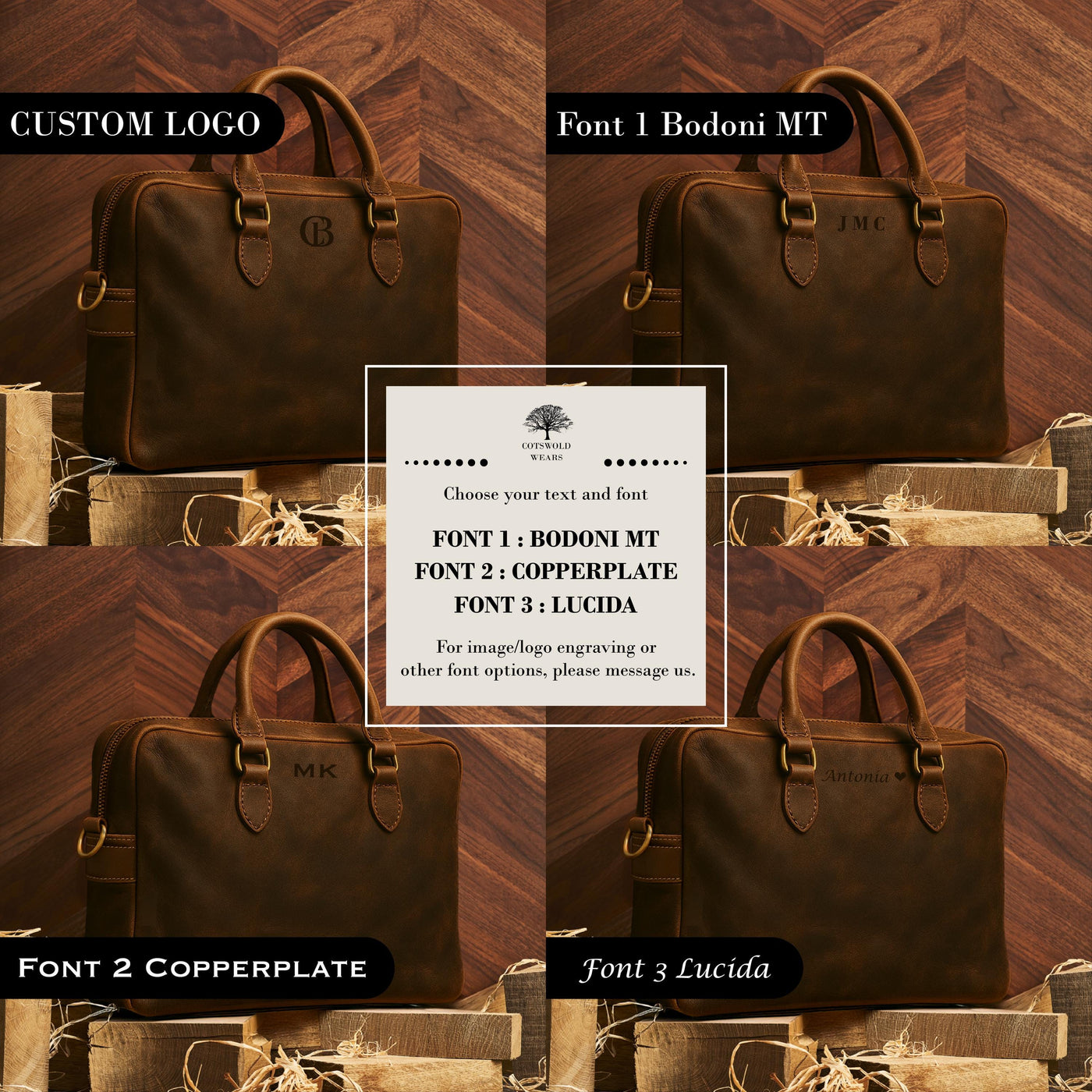 Personalized Leather Messenger Bag: 16-inch Laptop Briefcase, Brass Hardware